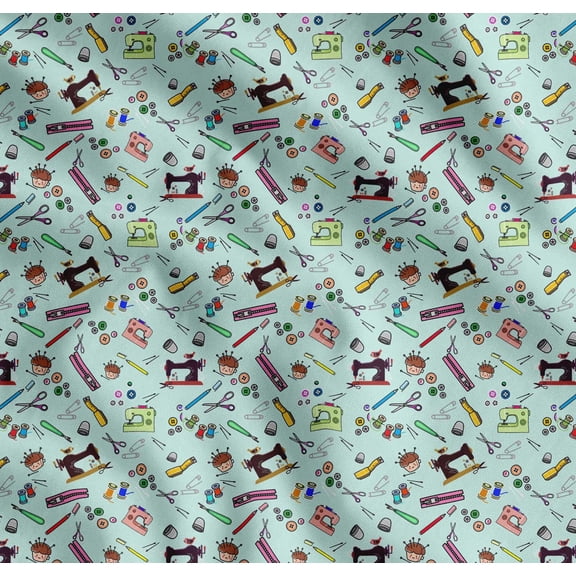Soimoi Cotton Cambric Fabric Scissor,Buttons & Machine Sewing Print Fabric by Yard 42 Inch Wide