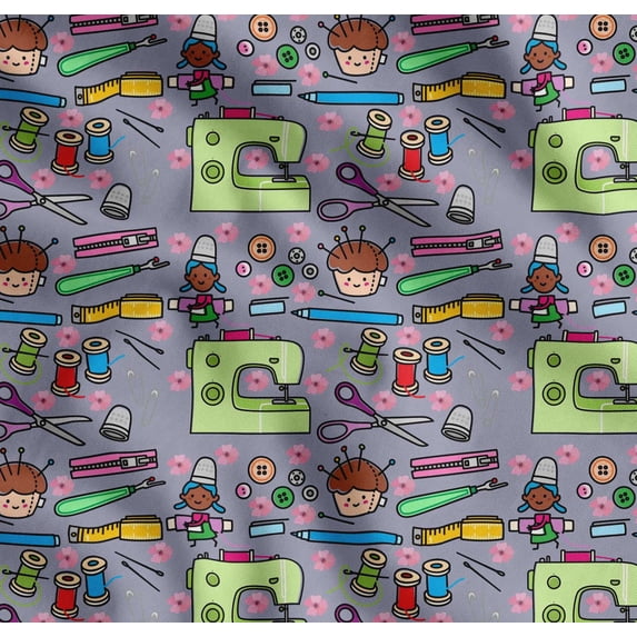 Soimoi Cotton Cambric Fabric Scissor,Buttons & Machine Sewing Print Sewing Fabric Yard 42 Inch Wide