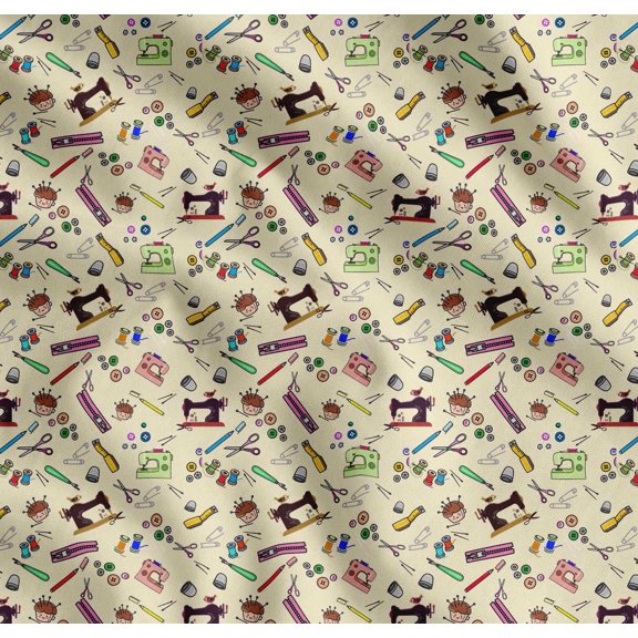 Soimoi Cotton Cambric Fabric Scissor,Buttons & Machine Sewing Printed Fabric 1 Yard 56 Inch Wide