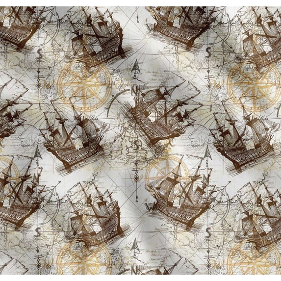 Soimoi Cotton Cambric Fabric Ship & Direction Compass Nautical Fabric Prints By Yard 42 Inch Wide