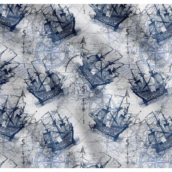 Soimoi Cotton Cambric Fabric Ship & Direction Compass Nautical Printed Craft Fabric by the Yard 56 Inch Wide