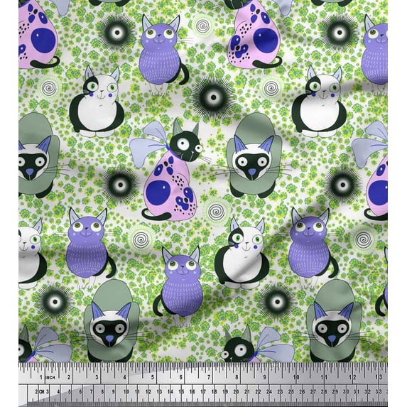 Soimoi Cotton Cambric Fabric Spiral,Floral & Cat Cartoon Print Fabric by Yard 56 Inch Wide
