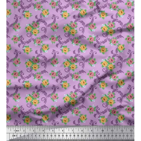 Soimoi Cotton Cambric Fabric Swirl,Leaves & Rose Floral Fabric Prints By Yard 56 Inch Wide