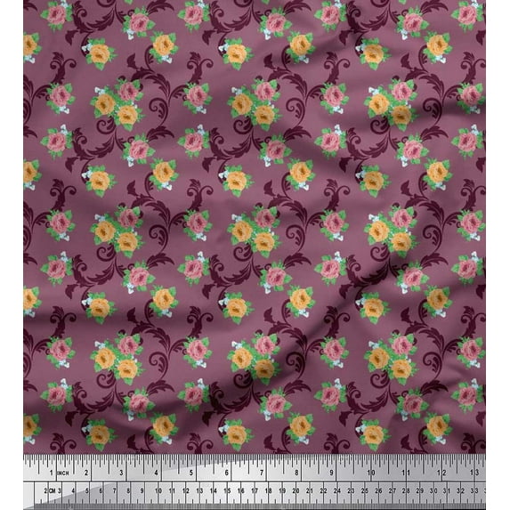 Soimoi Cotton Cambric Fabric Swirl,Leaves & Rose Floral Print Sewing Fabric Yard 42 Inch Wide