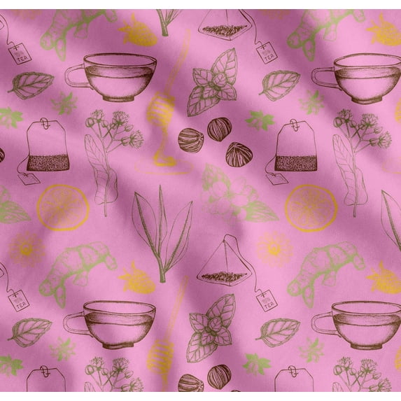 Soimoi Cotton Cambric Fabric Tea Cup,Star Anise & Lemon Slice Vegetable Print Fabric by Yard 56 Inch Wide