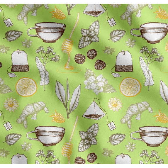 Soimoi Cotton Cambric Fabric Tea Cup,Star Anise & Lemon Slice Vegetable Printed Fabric 1 Yard 42 Inch Wide