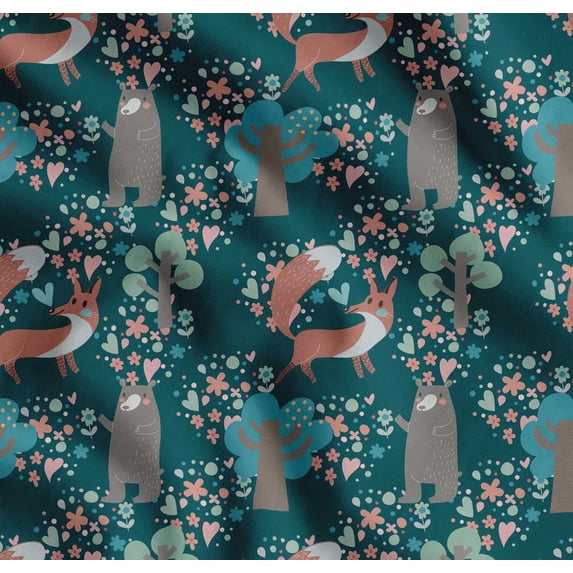 Soimoi Cotton Cambric Fabric Tree,Fox & Bear Kids Printed Fabric 1 Yard 56 Inch Wide