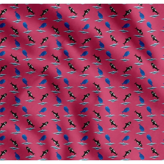 Soimoi Cotton Cambric Fabric Waves,Whale & Dolphin Ocean Print Sewing Fabric Yard 56 Inch Wide