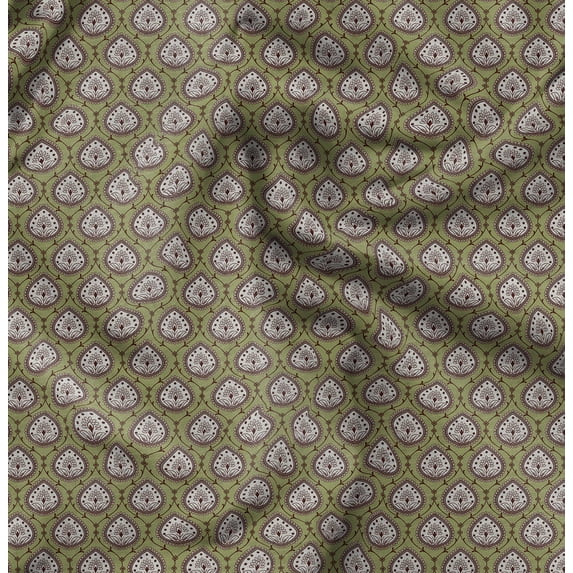 Soimoi Cotton Cambric Green Fabric By the Yard - 42 Inch Wide - Damask Block Textile - Elegant and Classic Patterns for Timeless Designs Printed Fabric