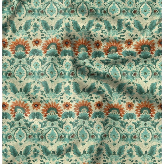 Soimoi Cotton Cambric Green Fabric By the Yard - 42 Inch Wide - Floral Damask Pattern Textile - Graceful and Whimsical Designs for Apparel and Crafts Printed Fabric