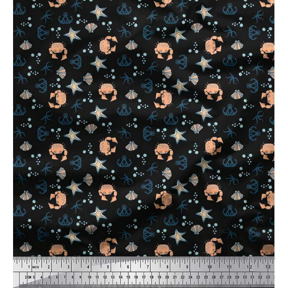 Soimoi Cotton Duck Fabric Anchor Hook,Crab & Starfish Ocean Print Sewing Fabric Yard 42 Inch Wide