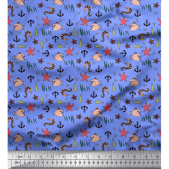 Soimoi Cotton Duck Fabric Anchor Hook,Shell & Starfish Ocean Print Fabric by Yard 42 Inch Wide