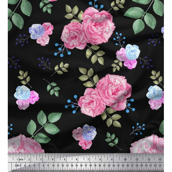 Soimoi Cotton Duck Fabric Berries,Leaves & Pink Flower Printed Craft Fabric by The Yard 42 Inch Wide