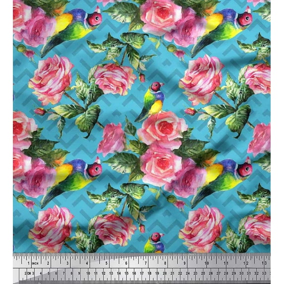 Soimoi Cotton Duck Fabric Bird,Leaves & Rose Floral Printed Fabric 1 Yard 42 Inch Wide