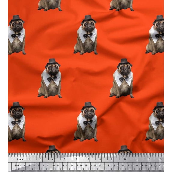 Soimoi Cotton Duck Fabric Bow,Hat & Pug Dog Printed Craft Fabric by The Yard 56 Inch Wide