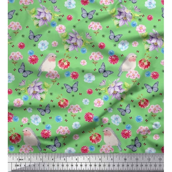 Soimoi Cotton Duck Fabric Butterfly,Robin & Dahlia Floral Print Sewing Fabric Yard 56 Inch Wide