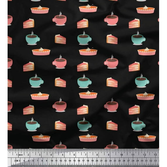 Soimoi Cotton Duck Fabric Cake Slice & Coffee Beverages Print Fabric by The Yard 42 Inch Wide