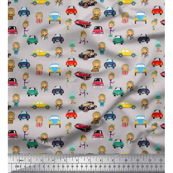Soimoi Cotton Duck Fabric Cartoon Girl & Car Transport Print Fabric by The Yard 42 Inch Wide