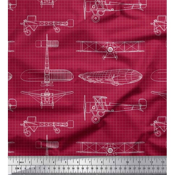 Soimoi Cotton Duck Fabric Check & Airplane Transport Decor Fabric Printed Yard 56 Inch Wide