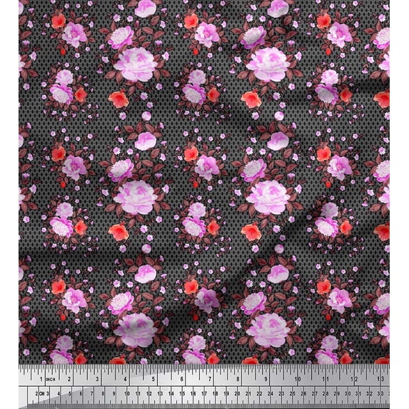 Soimoi Cotton Duck Fabric Check,Leaves & Peony Floral Printed Fabric 1 Yard 42 Inch Wide
