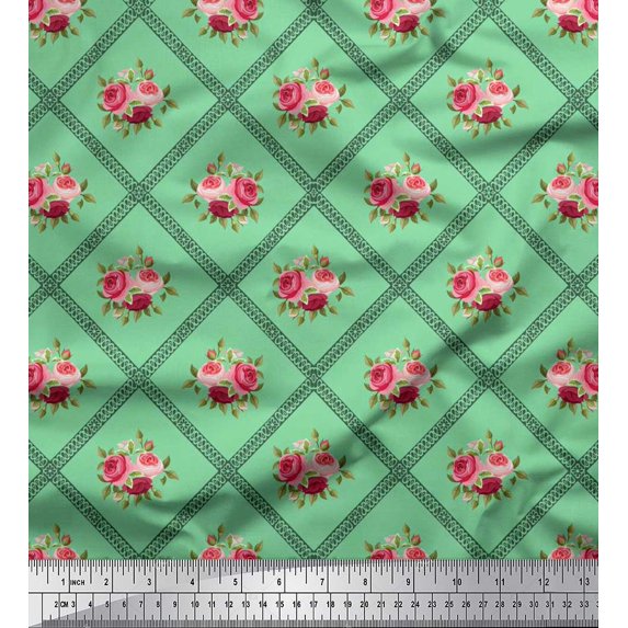 Soimoi Cotton Duck Fabric Check,Leaves & Rose Floral Print Fabric by the Yard 42 Inch Wide