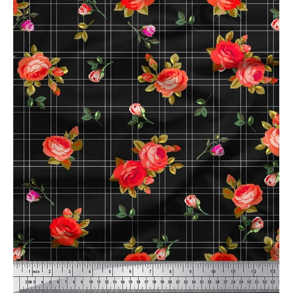 Soimoi Cotton Duck Fabric Check,Leaves & Rose Flower Print Fabric by The Yard 42 Inch Wide
