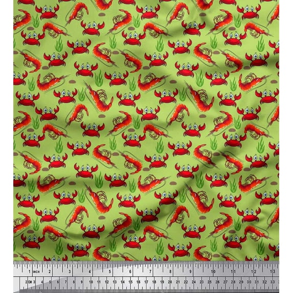 Soimoi Cotton Duck Fabric Coral,Prawns & Crab Ocean Print Sewing Fabric Yard 42 Inch Wide