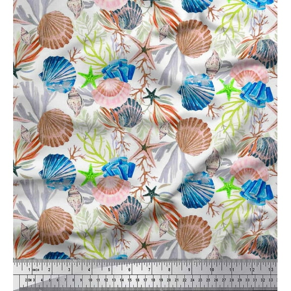 Soimoi Cotton Duck Fabric Coral,Starfish & Sea Shell Ocean Print Fabric by Yard 42 Inch Wide