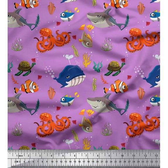 Soimoi Cotton Duck Fabric Coral,Whale & Jellyfish Ocean Decor Fabric Printed Yard 42 Inch Wide