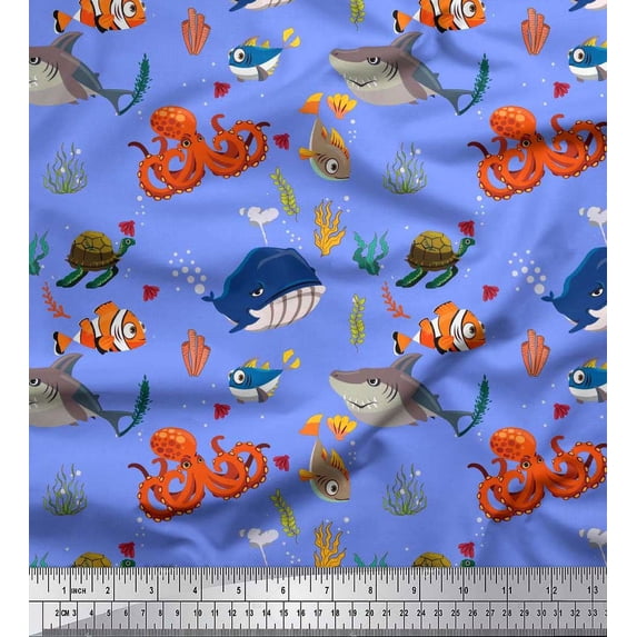 Soimoi Cotton Duck Fabric Coral,Whale & Jellyfish Ocean Fabric Prints by Yard 42 Inch Wide