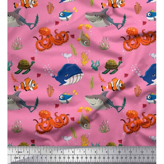 Soimoi Cotton Duck Fabric Coral,Whale & Jellyfish Ocean Print Sewing Fabric Yard 42 Inch Wide