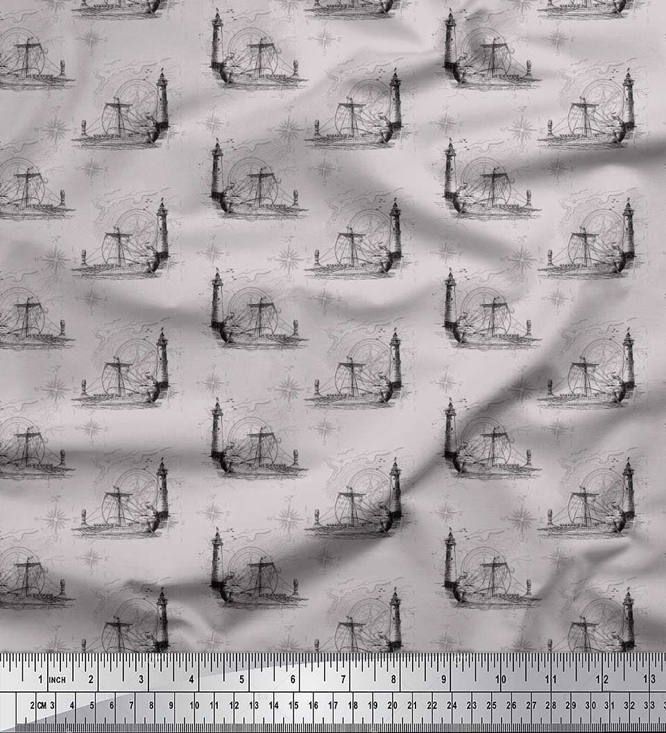 Soimoi Cotton Duck Fabric Direction Compass,Lighthouse & Yacht Nautical ...