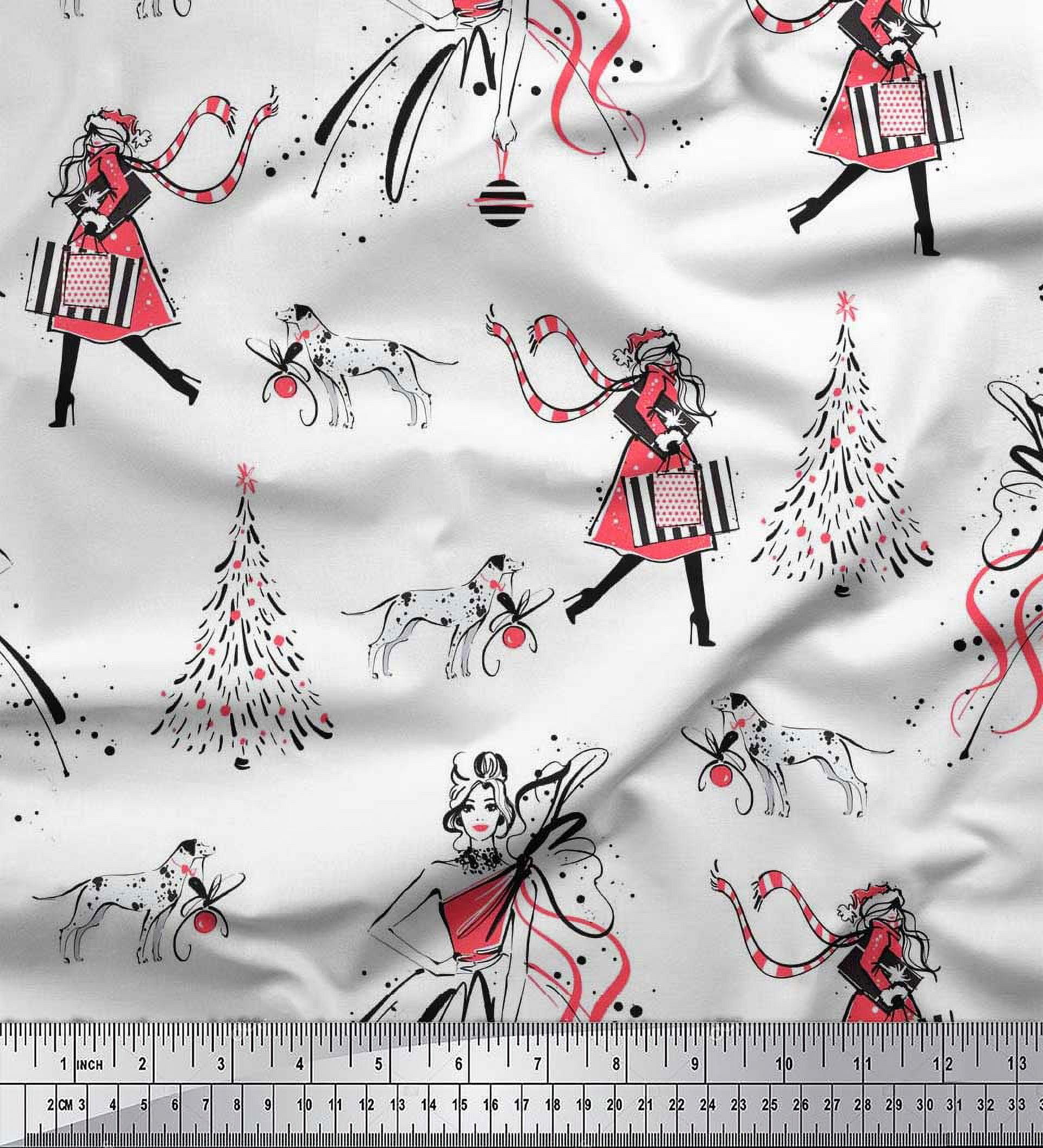 Soimoi Cotton Duck Fabric Dog,Women & Tree Christmas Print Fabric by the Yard 56 Inch Wide