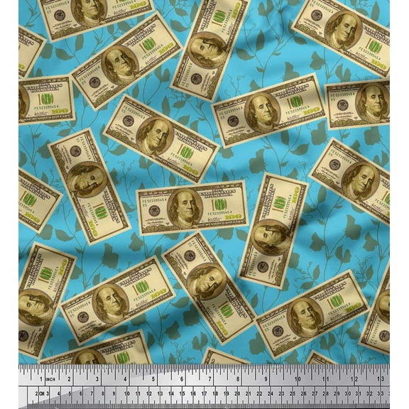 Soimoi Cotton Duck Fabric Dollar Currency Note & Leaves Printed Fabric 1 Yard 42 Inch Wide