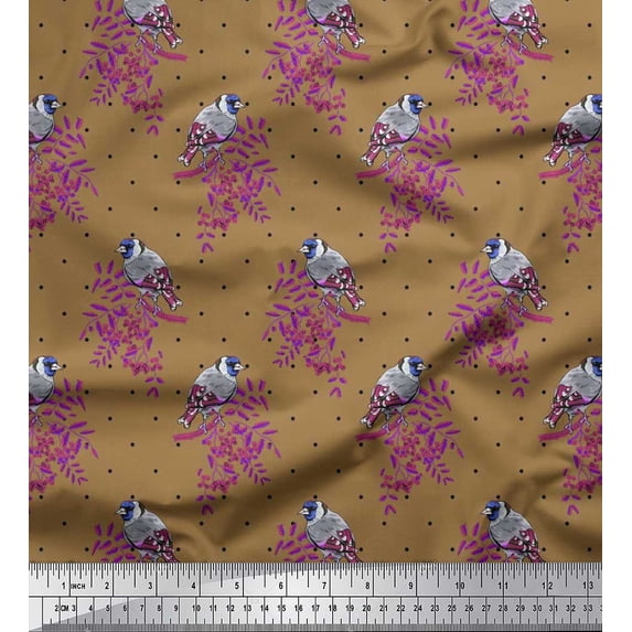 Soimoi Cotton Duck Fabric Dot,Leaves & European Goldfinch Bird Printed Craft Fabric by The Yard 42 Inch Wide