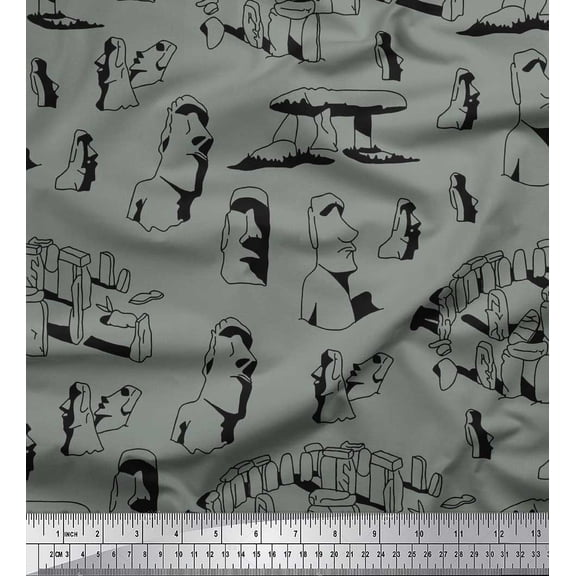 Soimoi Cotton Duck Fabric Easter Island Statue Face Decor Fabric Printed Yard 56 Inch Wide