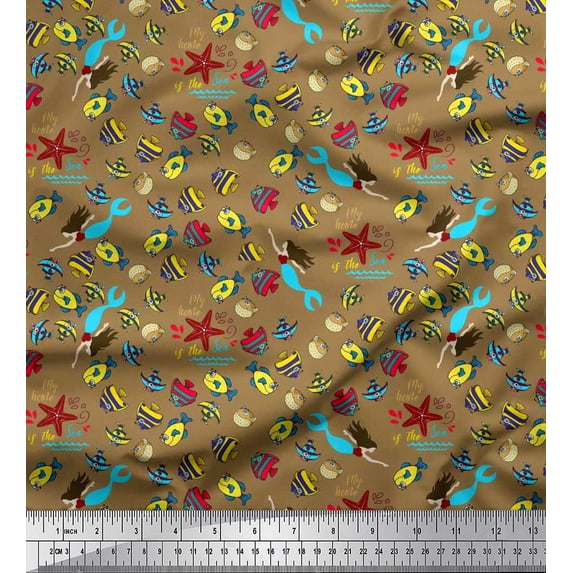 Soimoi Cotton Duck Fabric Fish,Mermaid & Starfish Ocean Printed Fabric 1 Yard 42 Inch Wide