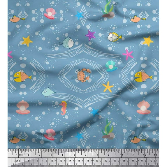 Soimoi Cotton Duck Fabric Fish,Shell & Starfish Ocean Printed Fabric 1 Yard 42 Inch Wide