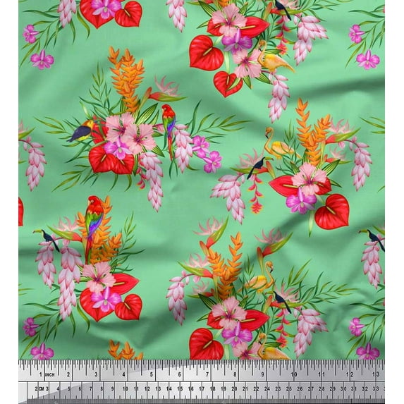 Soimoi Cotton Duck Fabric Floral,Flamingo & Macaw Parrot Bird Fabric Prints by Yard 42 Inch Wide