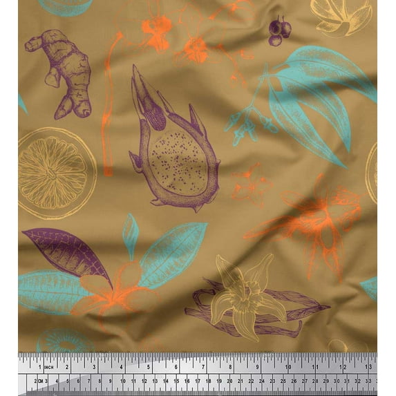 Soimoi Cotton Duck Fabric Floral,Ginger & Lemon Slice Vegetable Decor Fabric Printed Yard 42 Inch Wide