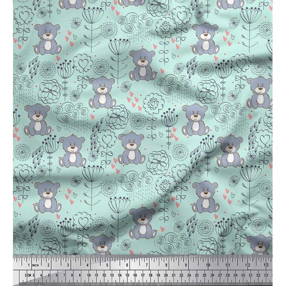 Soimoi Cotton Duck Fabric Floral,Heart & Bear Kids Printed Craft Fabric by The Yard 42 Inch Wide