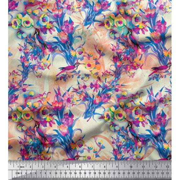 Soimoi Cotton Duck Fabric Floral & Humming Bird Print Fabric by The Yard 42 Inch Wide
