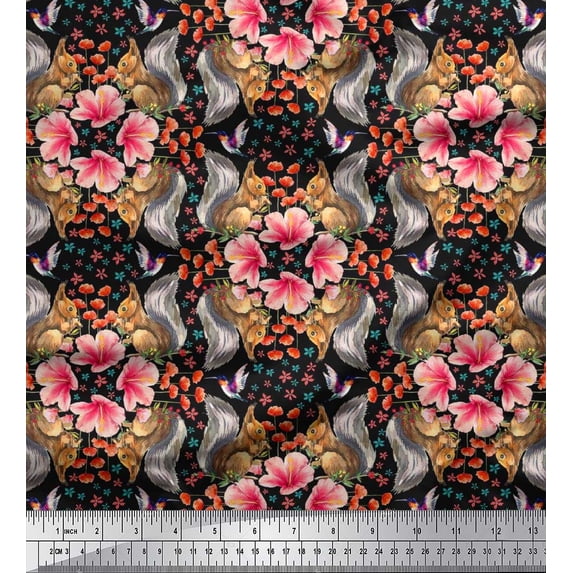 Soimoi Cotton Duck Fabric Floral,Hummingbird & Squirrel Animal Print Fabric by Yard 42 Inch Wide