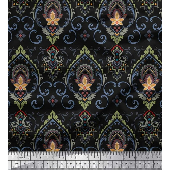 Soimoi Cotton Duck Fabric Floral & Ogee Damask Printed Fabric 1 Yard 42 Inch Wide