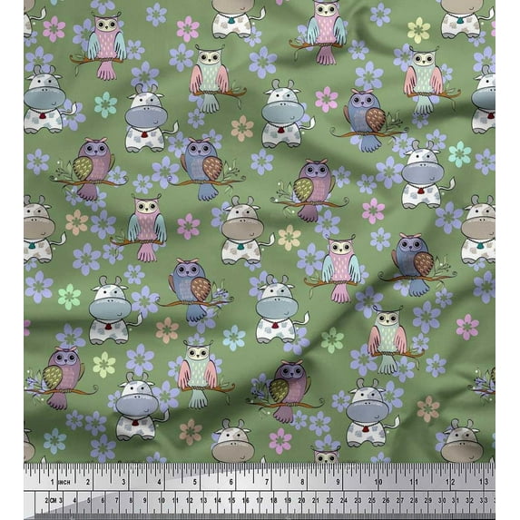 Soimoi Cotton Duck Fabric Floral,Owl & Cow Cartoon Print Fabric by The Yard 42 Inch Wide