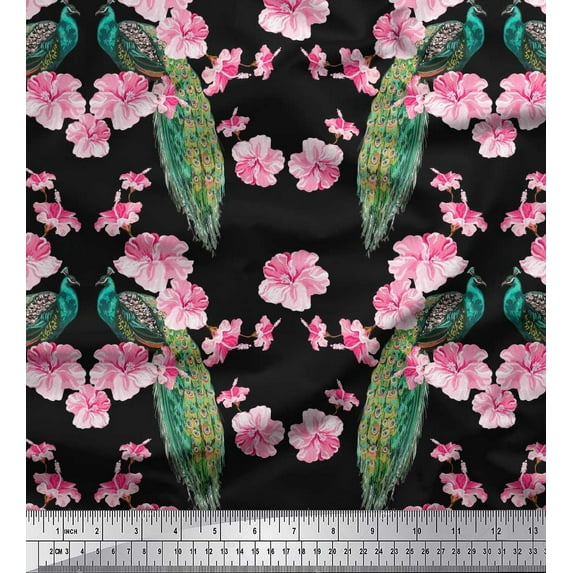 Soimoi Cotton Duck Fabric Floral & Peacock Bird Print Fabric by Yard 42 Inch Wide