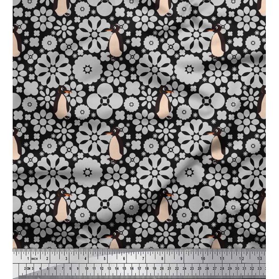 Soimoi Cotton Duck Fabric Floral & Penguin Ocean Printed Fabric 1 Yard 42 Inch Wide
