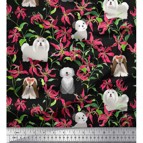 Soimoi Cotton Duck Fabric Floral,Sheepdog & Yorkshire Terrier Dog Print Sewing Fabric Yard 42 Inch Wide