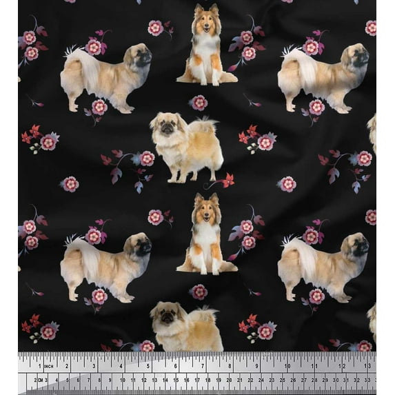 Soimoi Cotton Duck Fabric Floral,Sheltie & Pekingese Dog Printed Fabric 1 Yard 42 Inch Wide