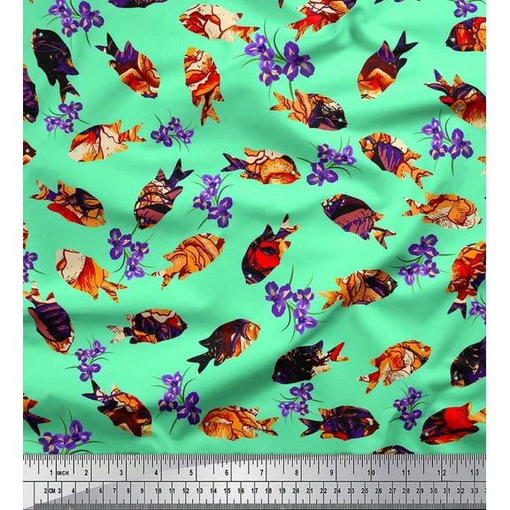 Soimoi Cotton Duck Fabric Floral & Textured Fish Ocean Decor Fabric Printed Yard 42 Inch Wide